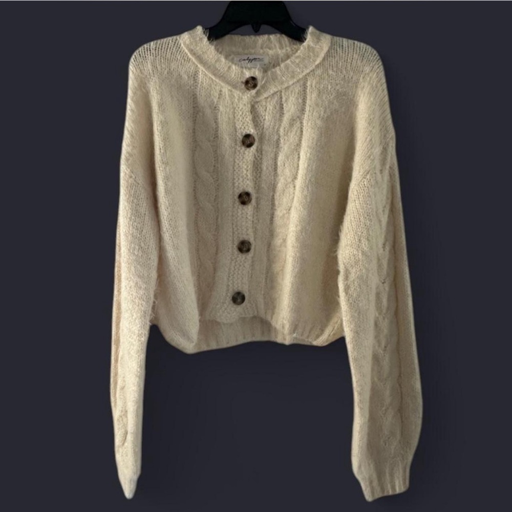 Carly Jean Los Angeles Cream Cable Knit Elliott Cardigan Sweater with Buttons